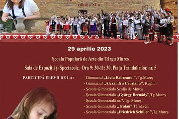 OLIMPIADA JUDEȚEANĂ de Meșteșuguri Artistice Tradiționale ediția a XI-a 29 aprilie 2023 Locația: Școala Populară de Arte din Târgu Mureș, Sala de Expoziții și Spectacole, Ora 9: 30-11: 30, Piața Trandafirilor, nr. 5 Organizatori: - INSPECTORATUL ȘCOLAR JUDEȚEAN MUREȘ - ȘCOALA GIMNAZIALĂ „FRIEDRICH SCHILLER” - CENTRUL JUDEȚEAN PENTRU CULTURĂ TRADIȚIONALĂ ȘI EDUCAȚIE ARTISTICĂ MUREȘ - CONSILIUL JUDEȚEAN MUREȘ Parteneri: - ASOCIAȚIA ,,DOR STRĂBUN” TÂRGU-MUREȘ - ASOCIAȚIA MULTICULTURALĂ PENTRU ARTĂ TRADIȚIE ȘI DEZVOLTARE MUREȘ PARTICIPĂ ELEVII DE LA: - Gimnaziul ,,Liviu Rebreanu ", Tg.Mureș - Gimnaziul ,,Alexandru Ceușianu", Reghin - Școala Gimnazială Șeulia de Mureș - Școala Gimnazială ,,György Bernády”,Tg.Mureș - Școala Gimnazială nr.7, Tg. Mureș - Şcoala Gimnazială ,,Traian" Târnăveni - Școala Gimnazială ,,Friedrich Schiller ”,Tg.Mureș MEMBRII COMISIEI DE EVALUARE: Prof. Mihai Paul Covăsan Ungureanu, inspector școlar Natalia Stoica, profesor la Școala Gimnazială ,,Friedrich Schiller ”, Tg.Mureș Călin Bogătean, profesor, consultant artă și meșteșuguri C.J.C.T.E.A. Mureș Pop Gheorghe, sculptor, profesor la Școala Populară de Arte Anna Náznán, consultant C.J.C.T.E.A. Mureș Director manager Iuliu Praja